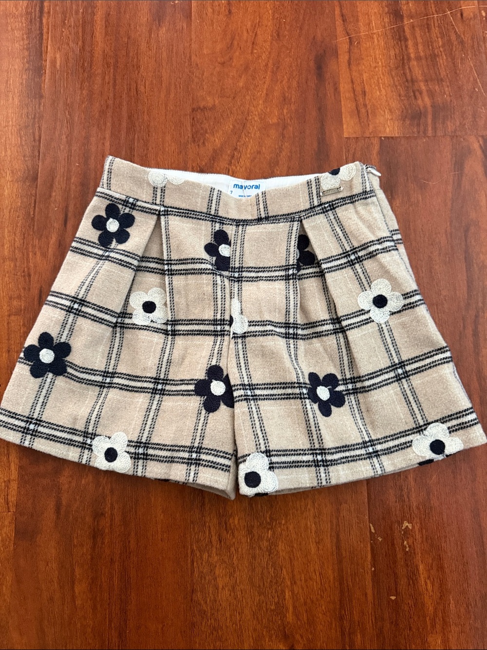 Mayoral Beige Plaid Shorts with Black & Cream Floral Appliqués